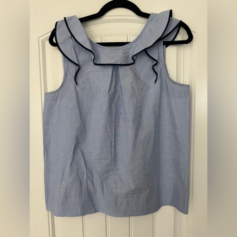 J. Crew Light Blue Ruffle Neck Blouse with Navy Trim
